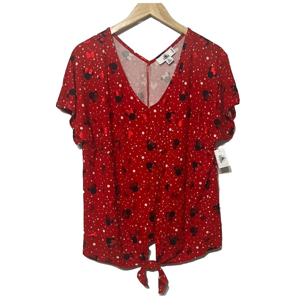 NWT‎ Disney Parks Women’s XL Red Minnie Mouse Sequin V-Neck Short Sleeve Top